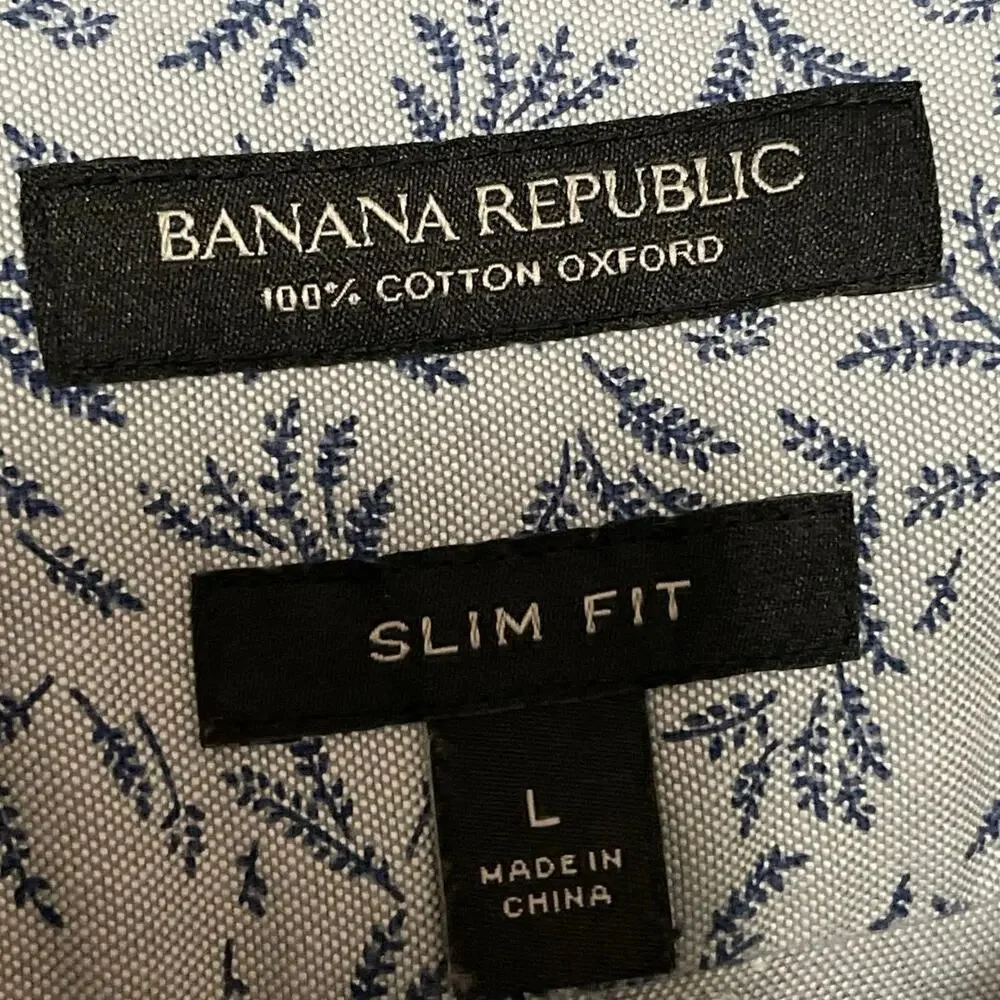 Banana Republic Men Gray Blue Leaf Slim Oxford Long Sleeve Button Up Shirt Top L